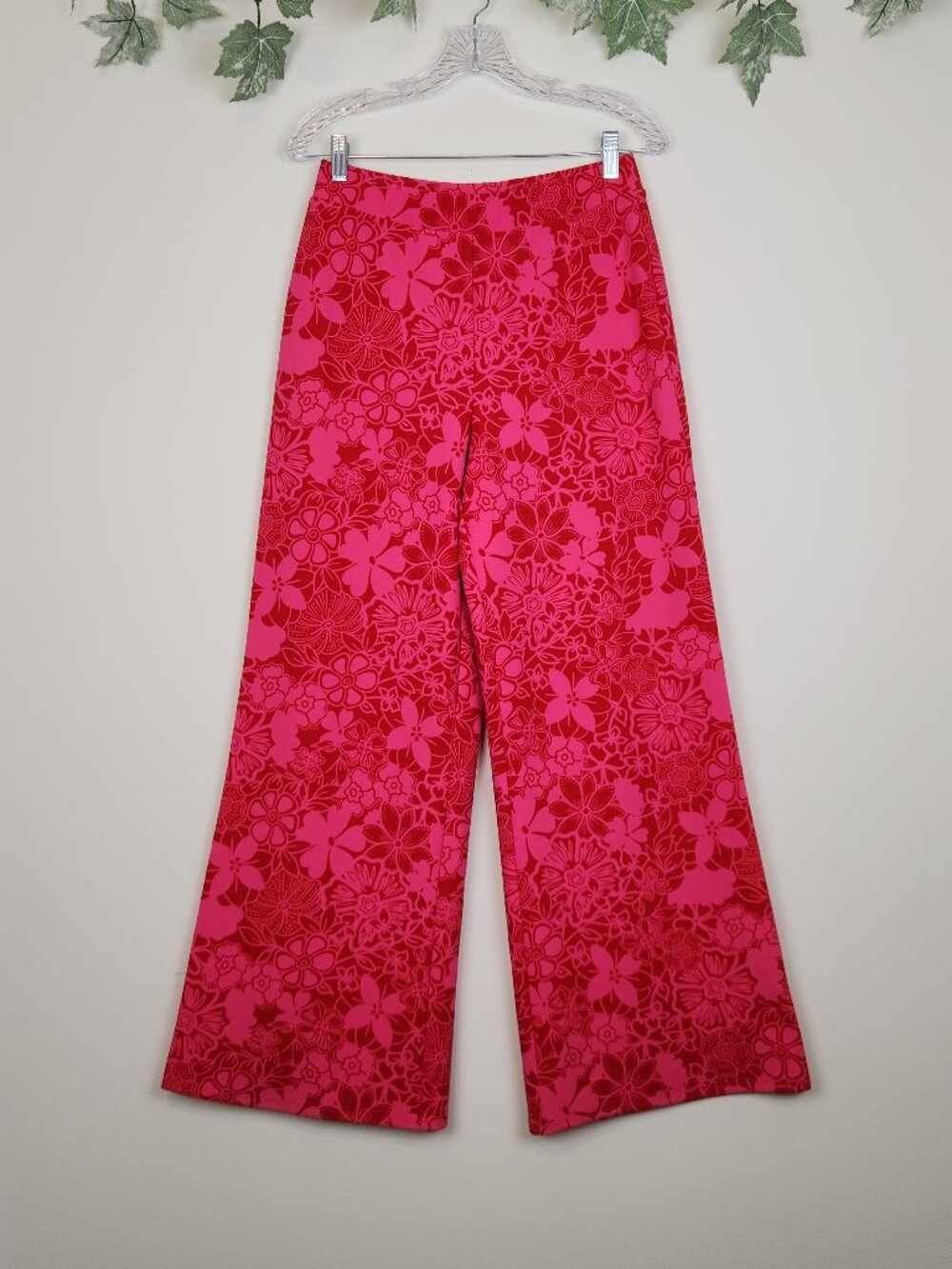 Versona Size S Floral Pink Red Wide Leg High Rise Elastic Waist Boho Pants